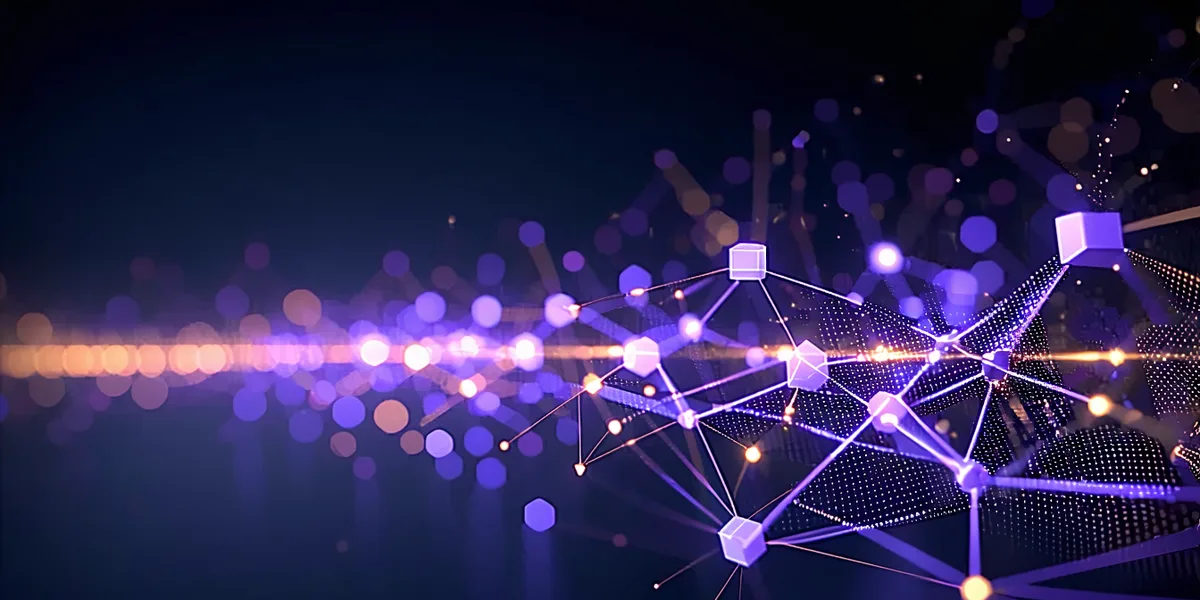 Abstract 3D render of data flowing from training nodes through a versioning vault to a monitoring dashboard, with violet and amber light trails on dark background